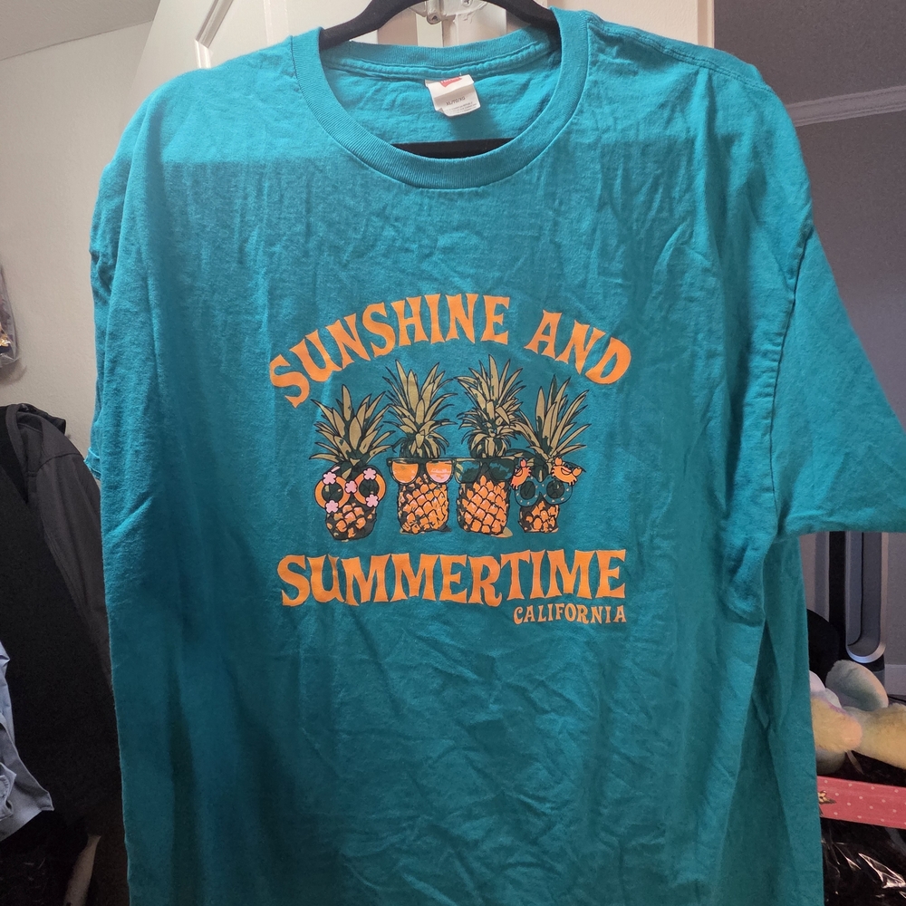 (Unisex XL)Sunshine Short Sleeve Tee with Orange Pineapple Graphic Beach Summer